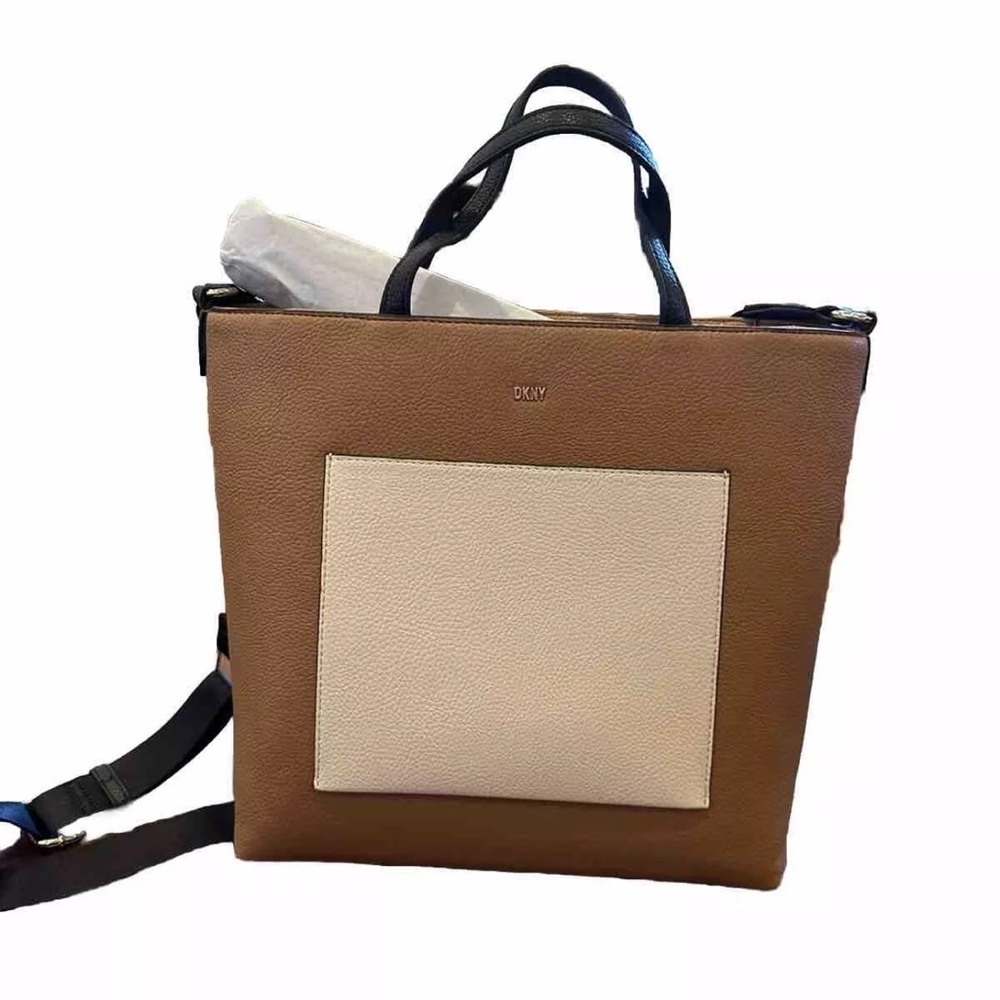 NWT DKNY Two-way Crawson Leather Tote Bag Small Brown Tan Ivory
